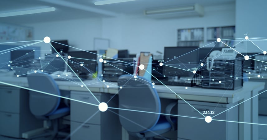 modern open office plan with desks, chairs and computers