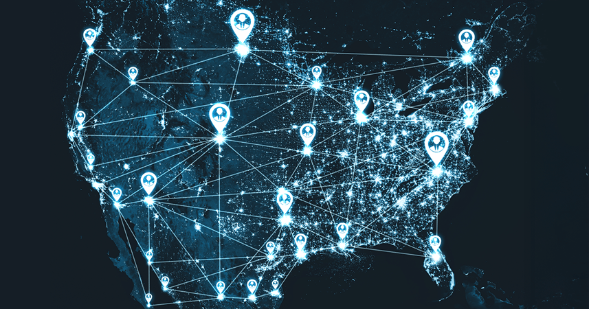 digital map of multiple locations across the united states