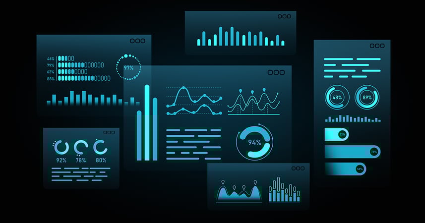 Darkened screen showing various graphs and charts
