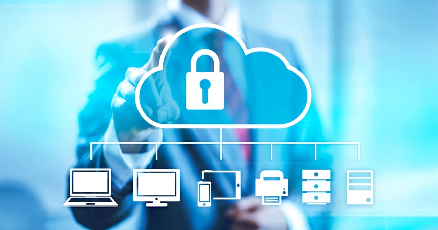 Line drawing of a cloud and icons of a lock, laptop, mobile phone, printer and other office technology