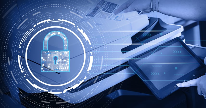 icon of a padlock shown over a photo of an office printer