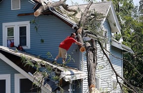 man on house cutting down tree