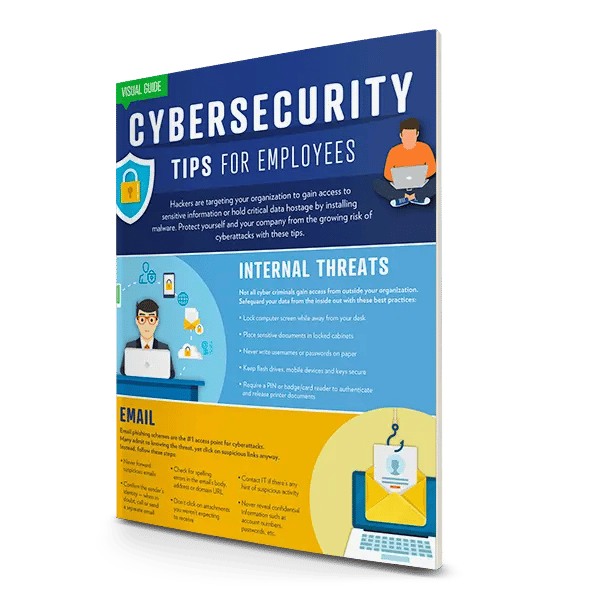Pamphlet titled "Cybersecurity Tips For Employees" with three colored strips and security icons. The strips are blue, light blue, and yellow.