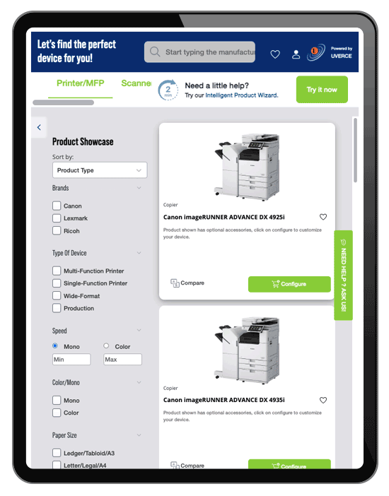 Product configurator animation on an iPad with printers