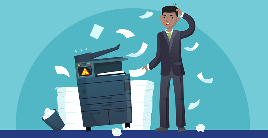 Cartoon of person using a multifunction printer scanner that has an error and there is paper flying everywhere.