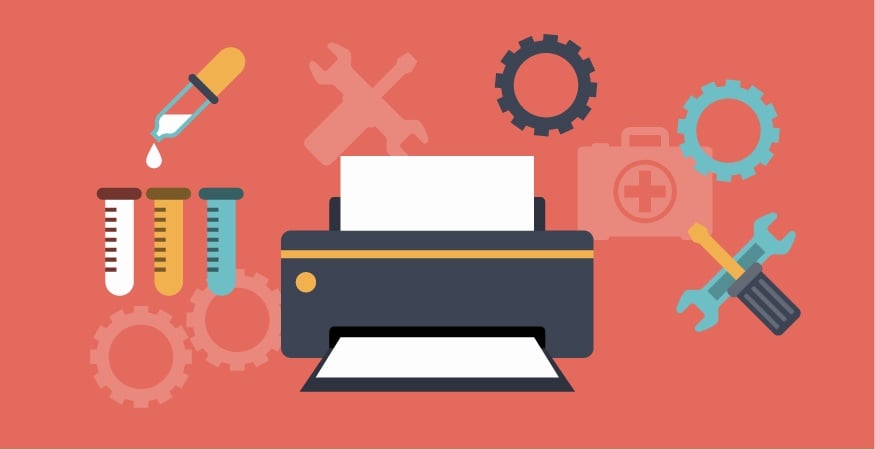 Illustration of a printer surrounded by symbols including test tubes, dropper, gears, wrench and screwdriver, and first aid kit.