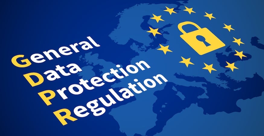 General Data Protection Regulation (GDPR) words on top of blue map of Europe and a lock inside of stars.