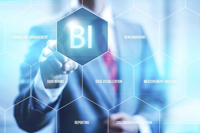 BI, knowledge management, benchmarking, data visualization, data mining, measurement analysis, and other words inside of hexagons in front of a person wearing a business suite.