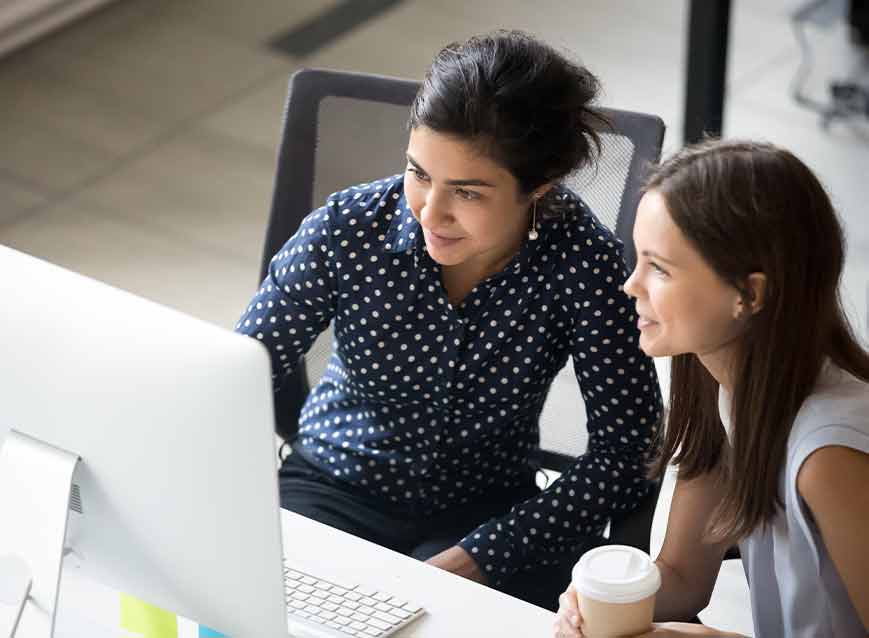 Two women reviewing software at desk