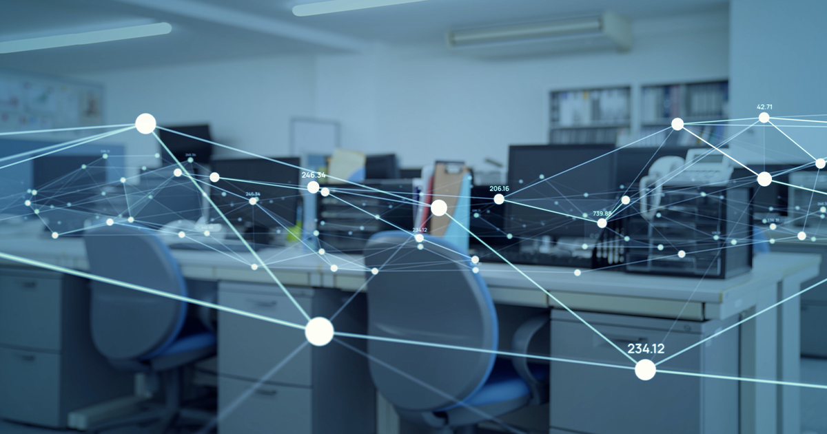 modern open office plan with desks, chairs and computers