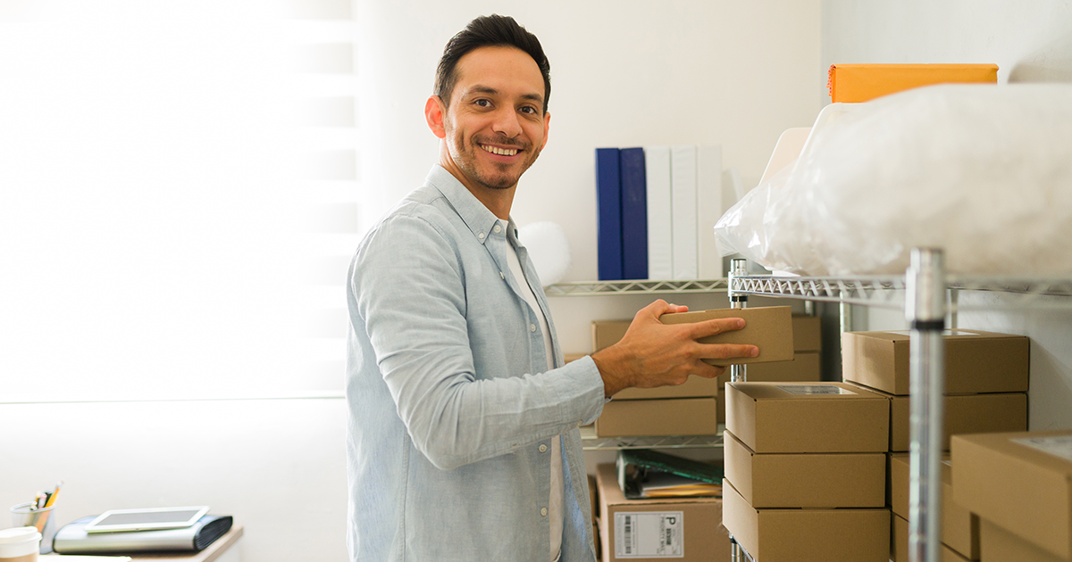 employee in storage supply closet