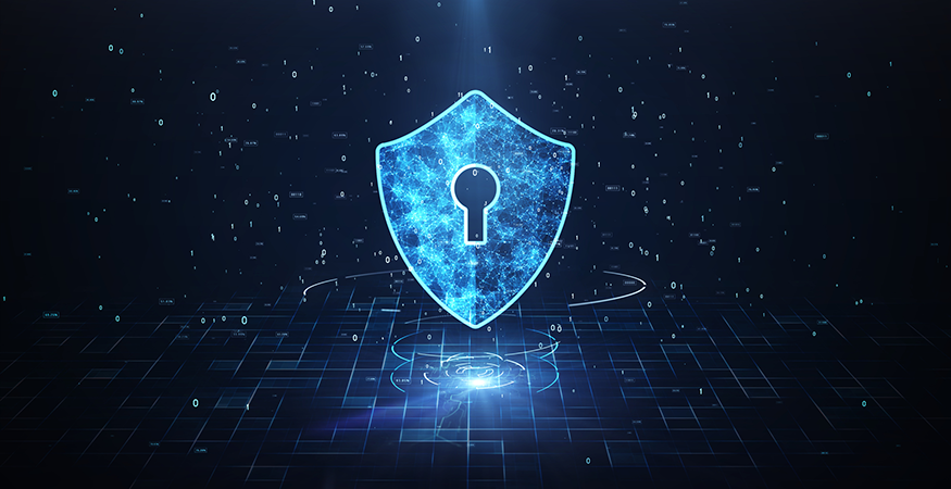 Digital shield icon with key hole on a digital plane with star field in background.