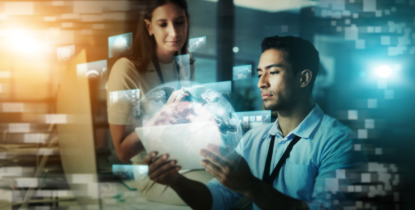 Creative business people, tablet and planning in digital marketing for global future networking or collaboration at night in double exposure